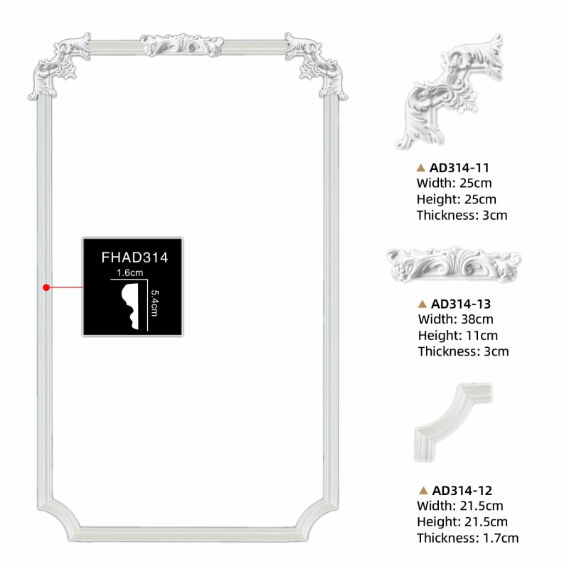 AD314-11 Polyurethane European Carved Corner Applique for Feature Wall Decoration