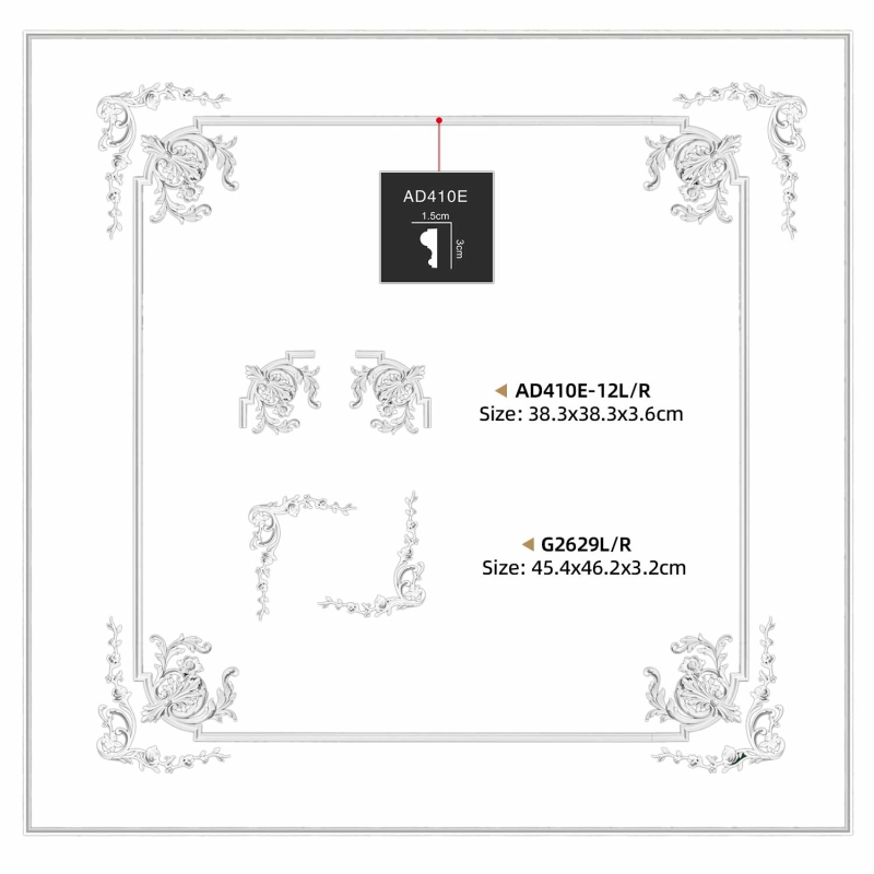 AD410E-12L/R Polyurethane European Embossed Corner Applique for Wall Decor